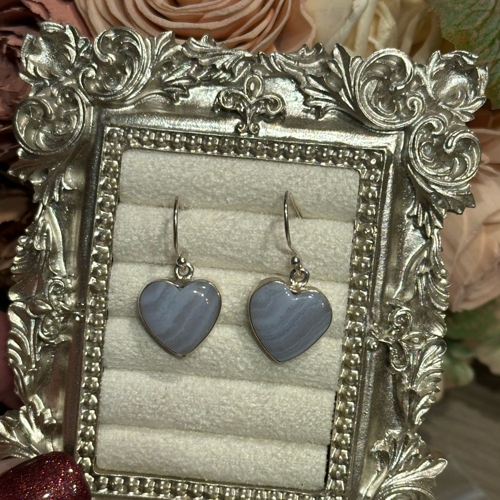 Blue Lace Agate Heart Drop Earrings Sterling Silver